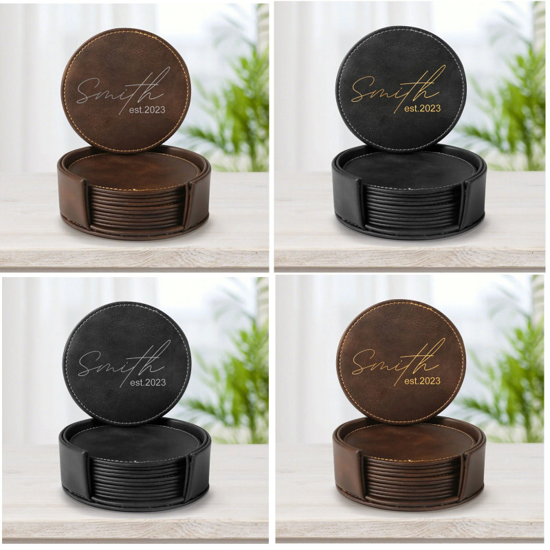 Posavasos redondos de cuero negro para Grabado Laser