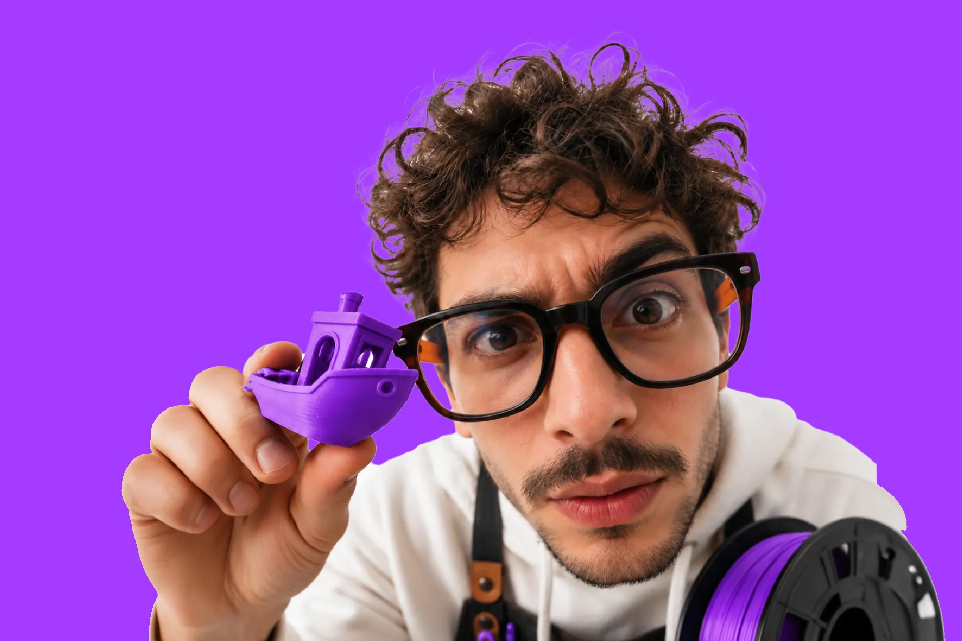 Chico con anteojos mirando un barquito impreso en 3D en filamento violeta